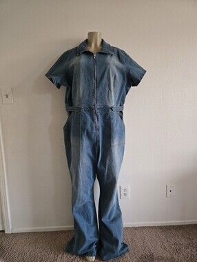 Forever 21 Blue Denim Short-Sleeve Jumpsuit